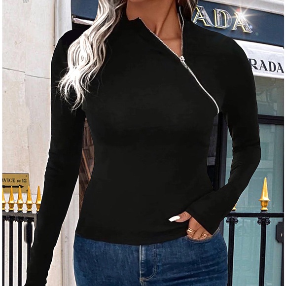 ZigZag Zipper Mock Neck Tee. - Picture 1 of 12